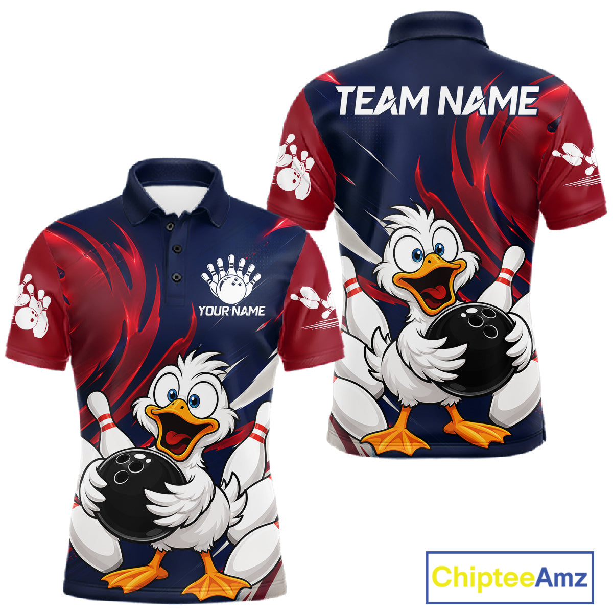 Custom Funny Red Blue Duck Mens Bowling Jersey Polo & 1/4 Quarter Zip, Duck Bowling Team Shirts NBT980