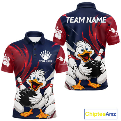 Custom Funny Red Blue Duck Mens Bowling Jersey Polo & 1/4 Quarter Zip, Duck Bowling Team Shirts NBT980