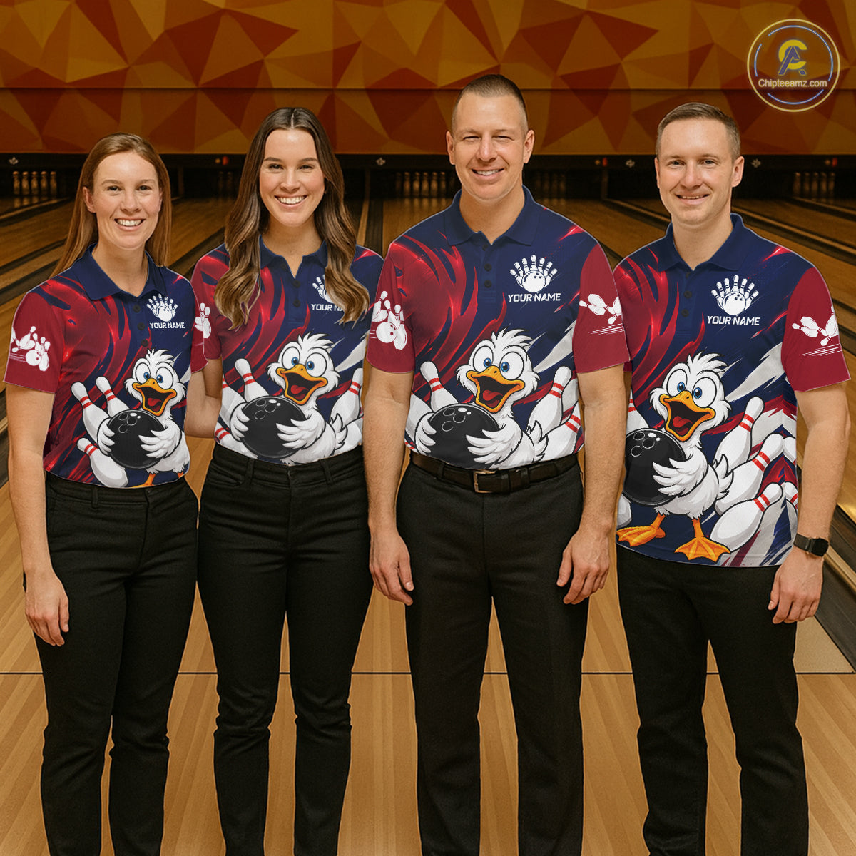 Custom Funny Red Blue Duck Mens Bowling Jersey Polo & 1/4 Quarter Zip, Duck Bowling Team Shirts NBT980