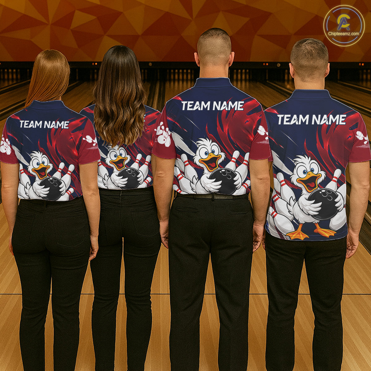 Custom Funny Red Blue Duck Mens Bowling Jersey Polo & 1/4 Quarter Zip, Duck Bowling Team Shirts NBT980