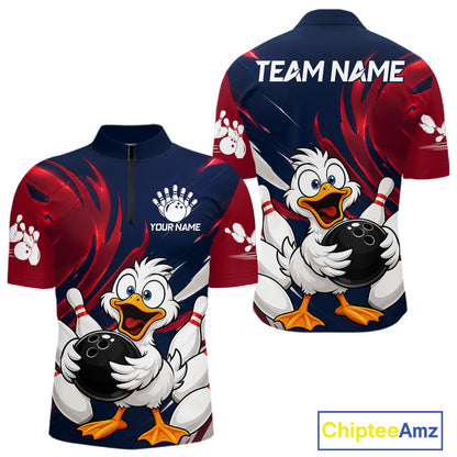 Custom Funny Red Blue Duck Mens Bowling Jersey Polo & 1/4 Quarter Zip, Duck Bowling Team Shirts NBT980