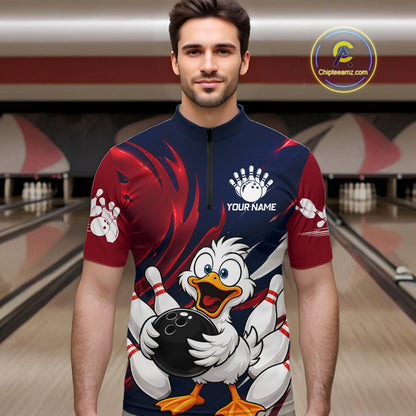 Custom Funny Red Blue Duck Mens Bowling Jersey Polo & 1/4 Quarter Zip, Duck Bowling Team Shirts NBT980