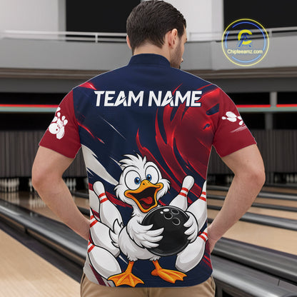 Custom Funny Red Blue Duck Mens Bowling Jersey Polo & 1/4 Quarter Zip, Duck Bowling Team Shirts NBT980