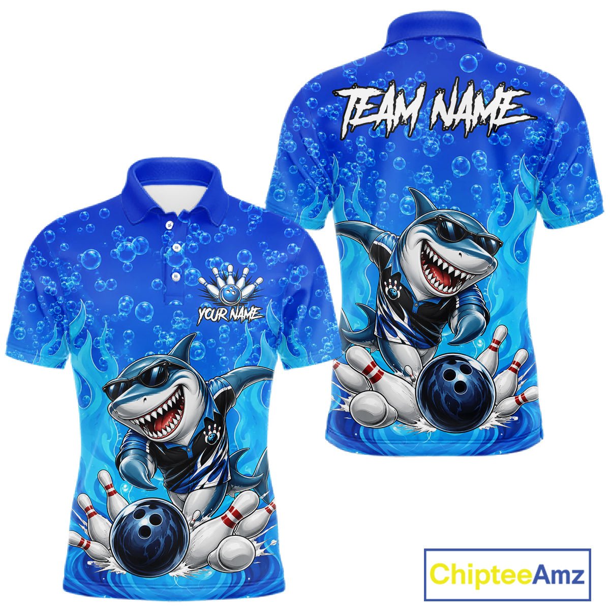 Custom Funny Blue Shark Bowling Polo Shirts For Men, Shark Bowling Team Shirt NBT981