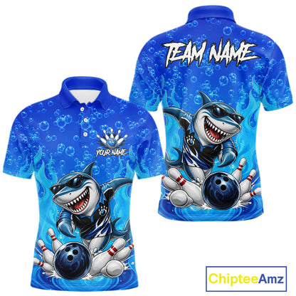 Custom Funny Blue Shark Bowling Polo Shirts For Men, Shark Bowling Team Shirt NBT981