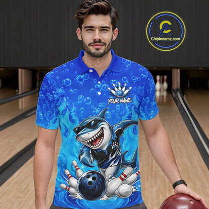 Custom Funny Blue Shark Bowling Polo Shirts For Men, Shark Bowling Team Shirt NBT981
