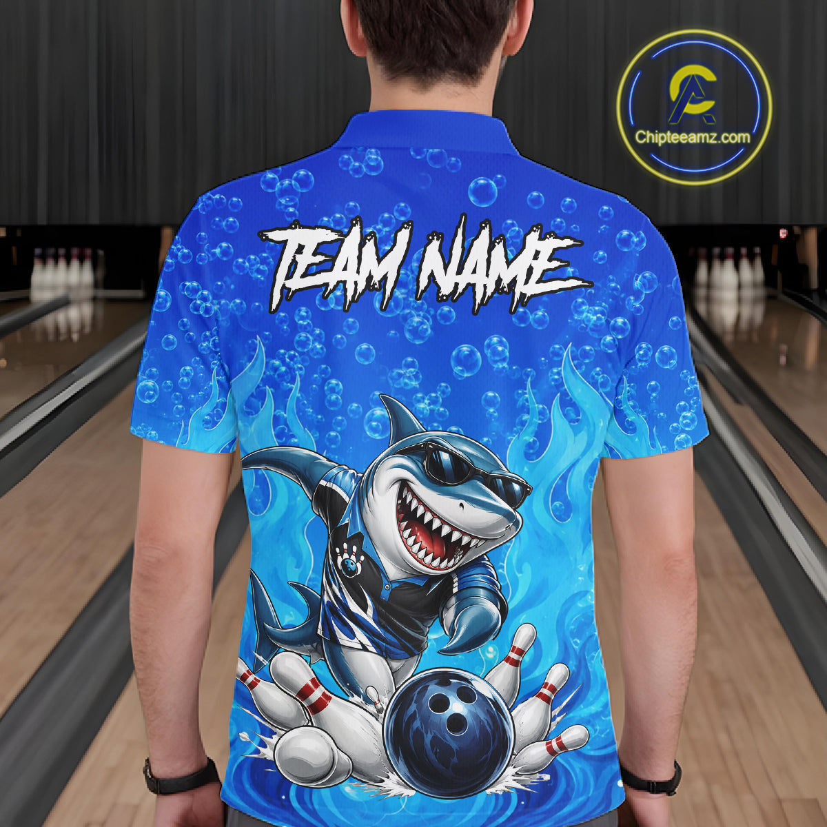 Custom Funny Blue Shark Bowling Polo Shirts For Men, Shark Bowling Team Shirt NBT981