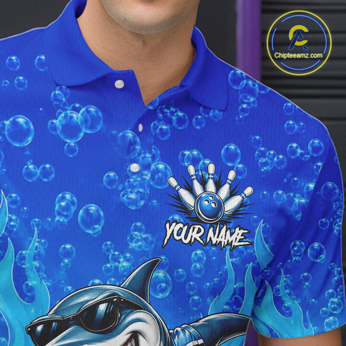 Custom Funny Blue Shark Bowling Polo Shirts For Men, Shark Bowling Team Shirt NBT981