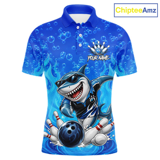 Custom Funny Blue Shark Bowling Polo Shirts For Men, Shark Bowling Team Shirt NBT981