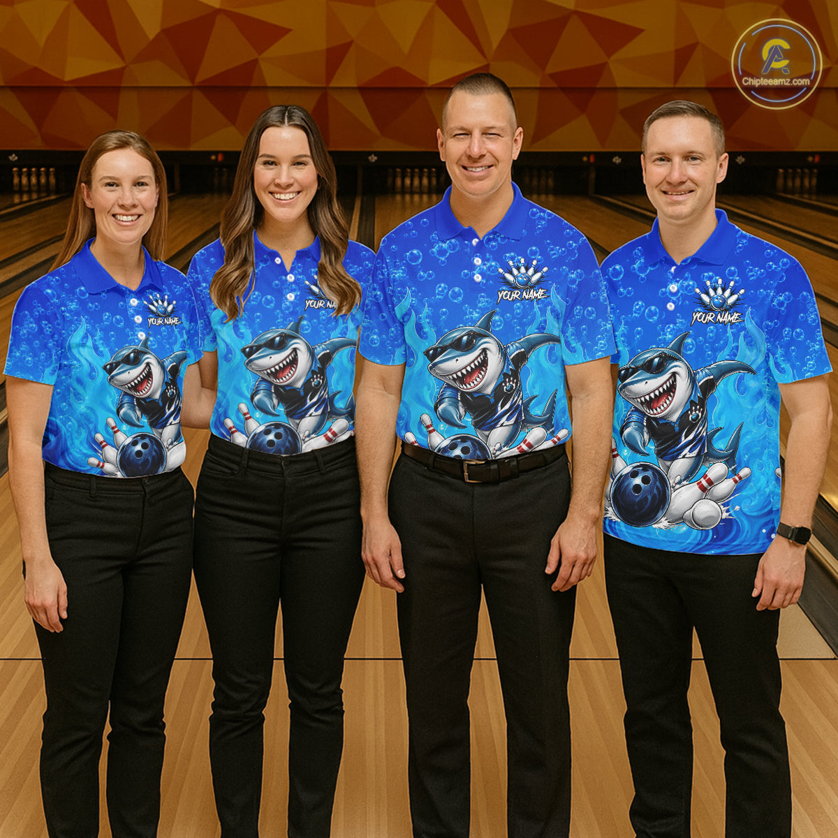 Custom Funny Blue Shark Bowling Polo Shirts For Men, Shark Bowling Team Shirt NBT981