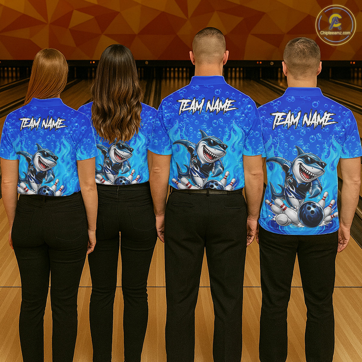 Custom Funny Blue Shark Bowling Polo Shirts For Men, Shark Bowling Team Shirt NBT981