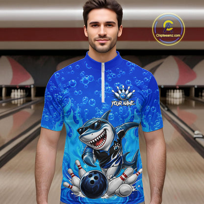 Custom Funny Blue Shark Bowling Polo Shirts For Men, Shark Bowling Team Shirt NBT981