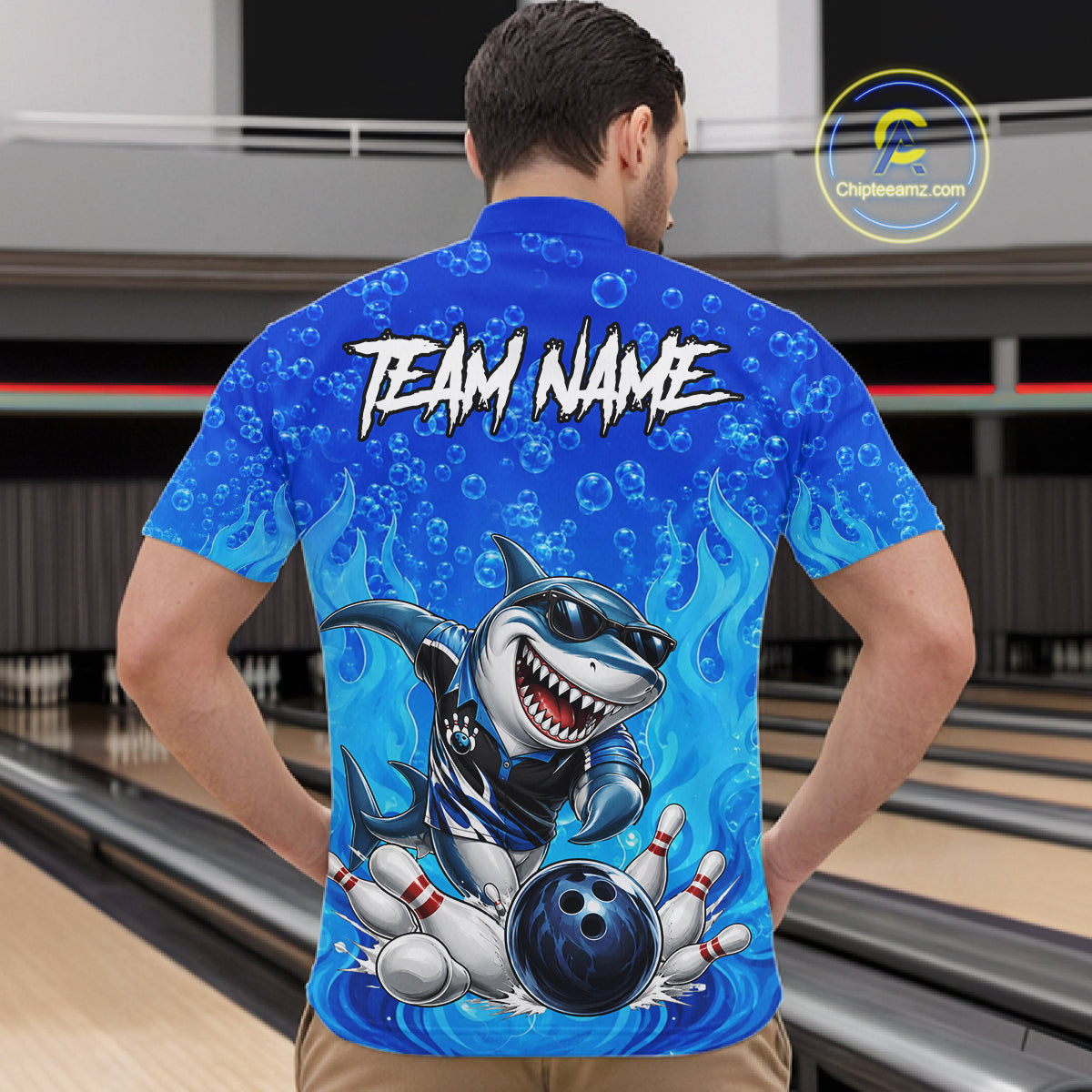 Custom Funny Blue Shark Bowling Polo Shirts For Men, Shark Bowling Team Shirt NBT981