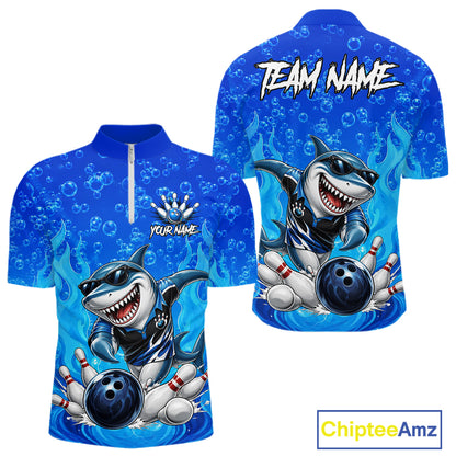 Custom Funny Blue Shark Bowling Polo Shirts For Men, Shark Bowling Team Shirt NBT981