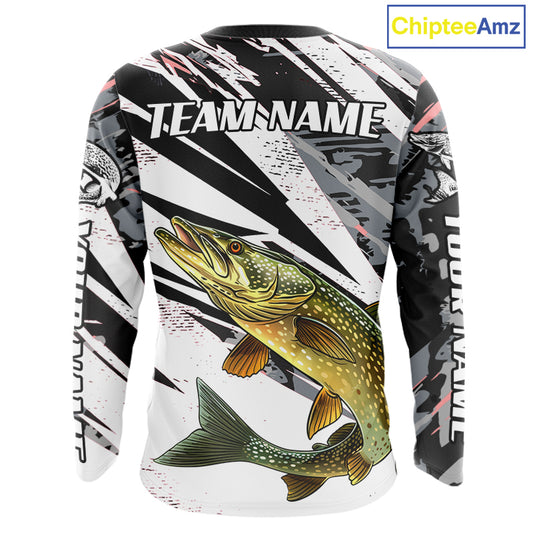Gray Camo Pike Fishing Jerseys For Men, Custom Pike Fishing Shirts Long Sleeve NBT415