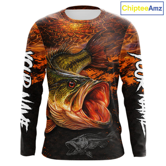 Personalized Big Bass Fishing Jerseys Orange Camo, Bass Fishing Shirts Long Sleeve NBT416