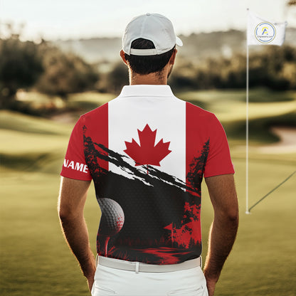 Man wearing Canada Flag Patriotic Golf Polo Shirt on golf course, red white Canada flag design, tailored fit breathable polyester, custom name shirt