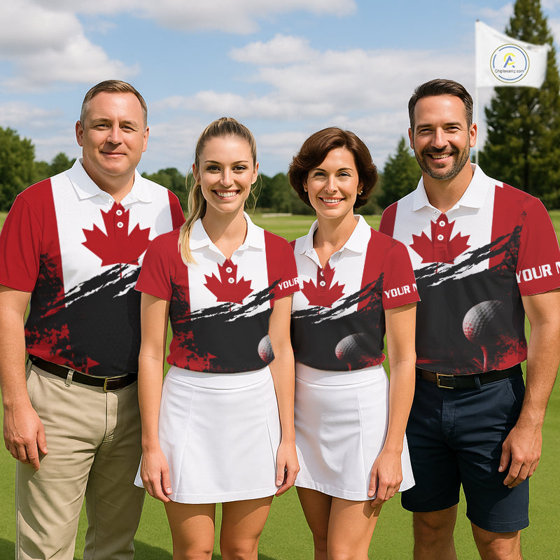  Canada Flag Patriotic Mens Golf Polo Shirt for team golf group - multiple golfers wearing red white Canada flag Polo shirts, custom name available