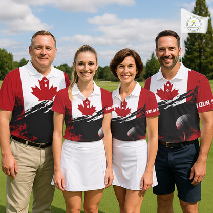  Canada Flag Patriotic Mens Golf Polo Shirt for team golf group - multiple golfers wearing red white Canada flag Polo shirts, custom name available