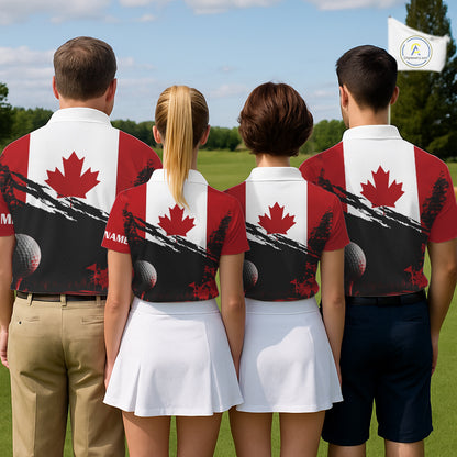 Canada Flag Patriotic Mens Golf Polo Shirt for team golf group - multiple golfers wearing red white Canada flag Polo shirts, custom name available
