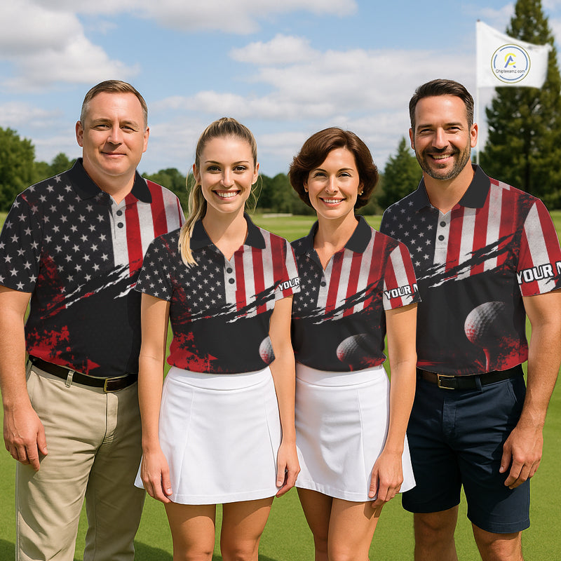 American Flag Patriotic Mens Golf Polo Shirt for team golf group - multiple golfers wearing red white Amẻican flag Polo shirts, custom name available