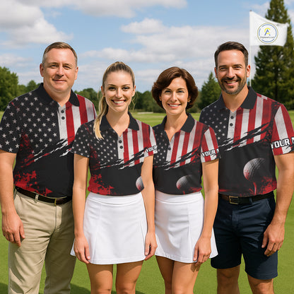 American Flag Patriotic Mens Golf Polo Shirt for team golf group - multiple golfers wearing red white Amẻican flag Polo shirts, custom name available