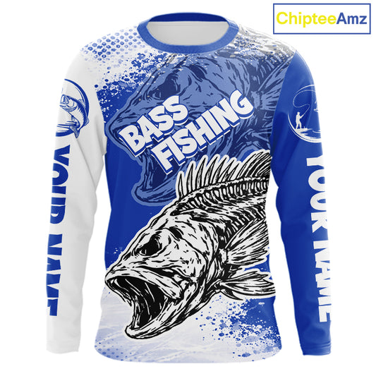 Blue Camo Bass Fishing Jerseys For Fishing Team, Bass Skeleton Fishing Shirts Long Sleeve NBT418