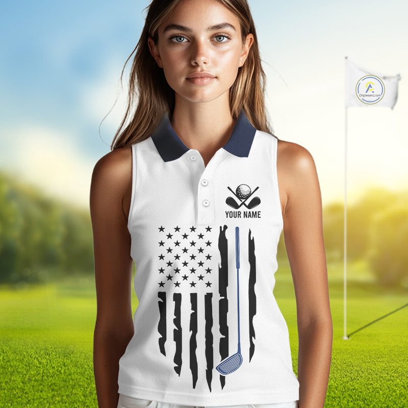 USA Flag Pattern Womens Sleeveless Golf Polo Shirt, Patriotic American Golf Shirt, 4Th Of July Golf Outfit NBT613