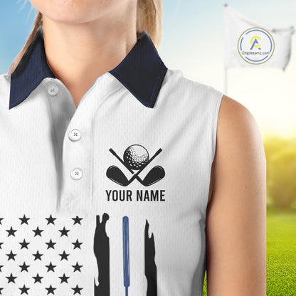 USA Flag Pattern Womens Sleeveless Golf Polo Shirt, Patriotic American Golf Shirt, 4Th Of July Golf Outfit NBT613
