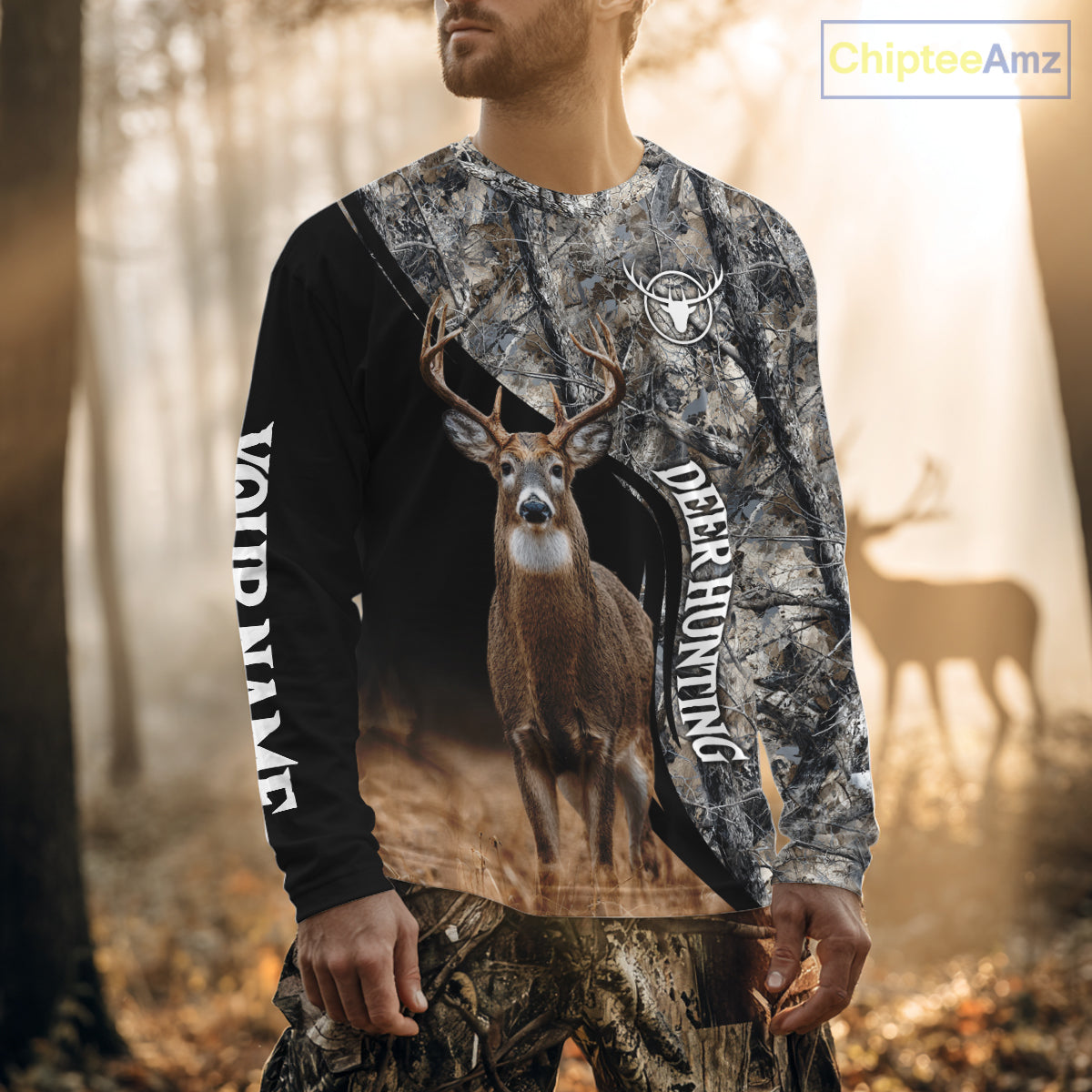 Winter Whitetail Deer Camo Customize Name 3D All Over Printed Long Sleeve Hunting Shirts for Men NBT332