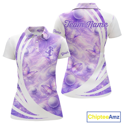 Butterfly Womens Long Sleeve Golf Polo Shirts Custom Name Floral Purple Color, Golf Gifts For Ladies NBT482