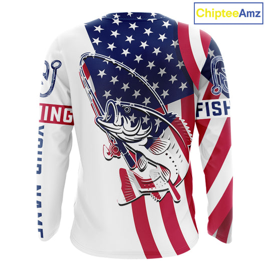 Bass Fishing American Flag Fishing Tournament Shirts, Personalized Bass Long Sleeve Fishing Jerseys NBT485
