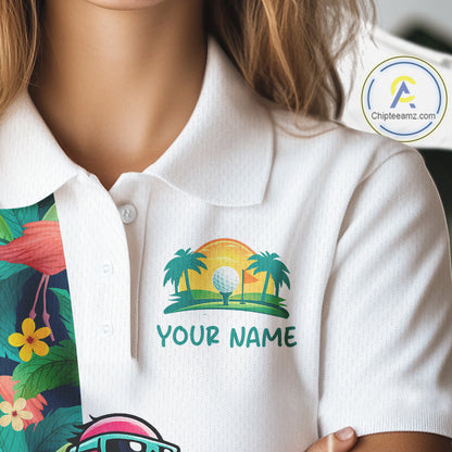 Funny Flamingo Womens Golf Polo Shirts Colorful Tropical Flamingo Custom Name, Golf Gifts  NBT487