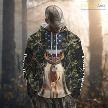 Load image into Gallery viewer, Patriotic Green Camo Deer Hunting Shirt – American Flag Whitetail Buck, Custom Name for Men NBT34