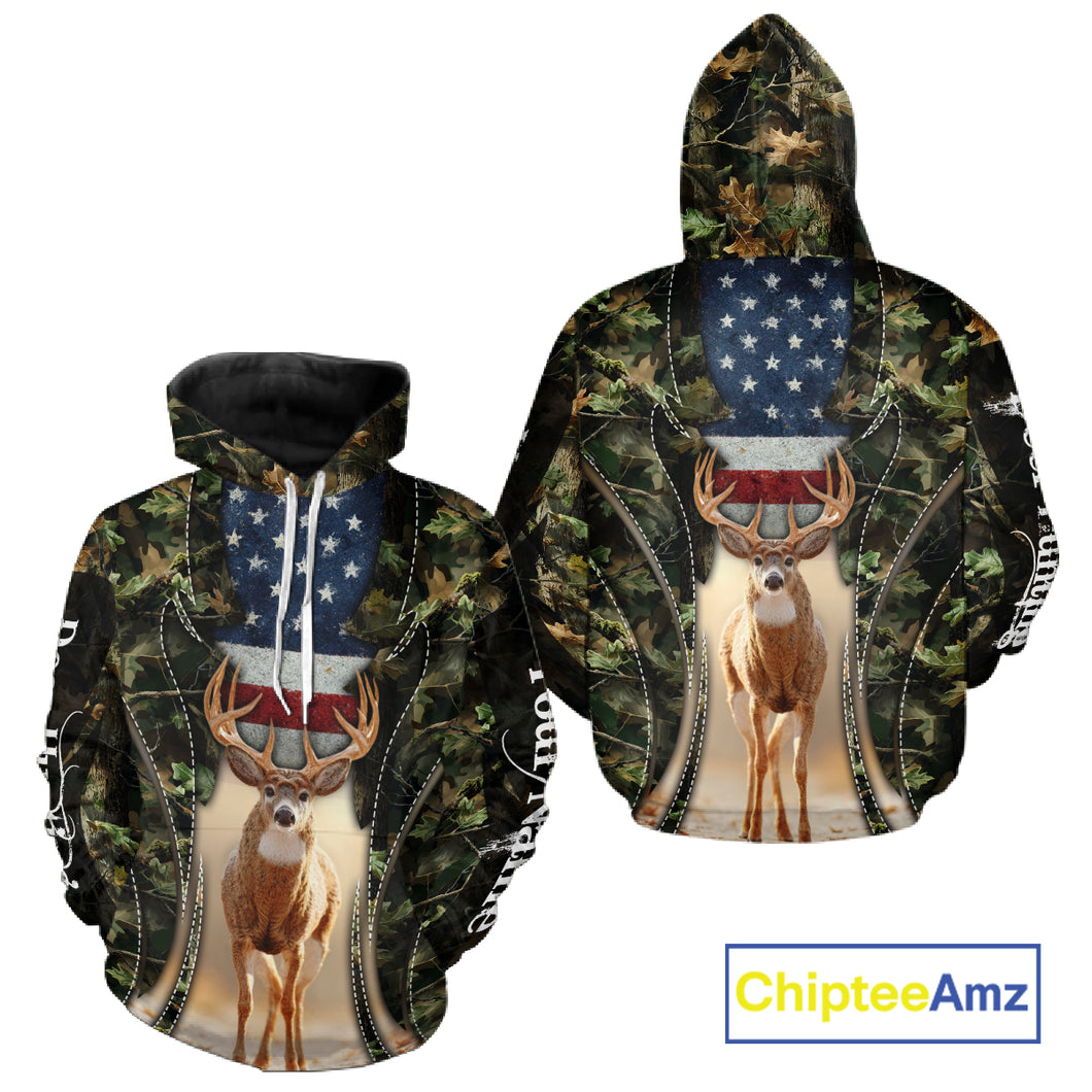 Patriotic Green Camo Deer Hunting Shirt – American Flag Whitetail Buck, Custom Name for Men NBT34