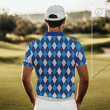 Load image into Gallery viewer, Blue Argyle Golf Polo Shirt For Men Plaid Pattern Custom Name, Golfer Gifts NBT488