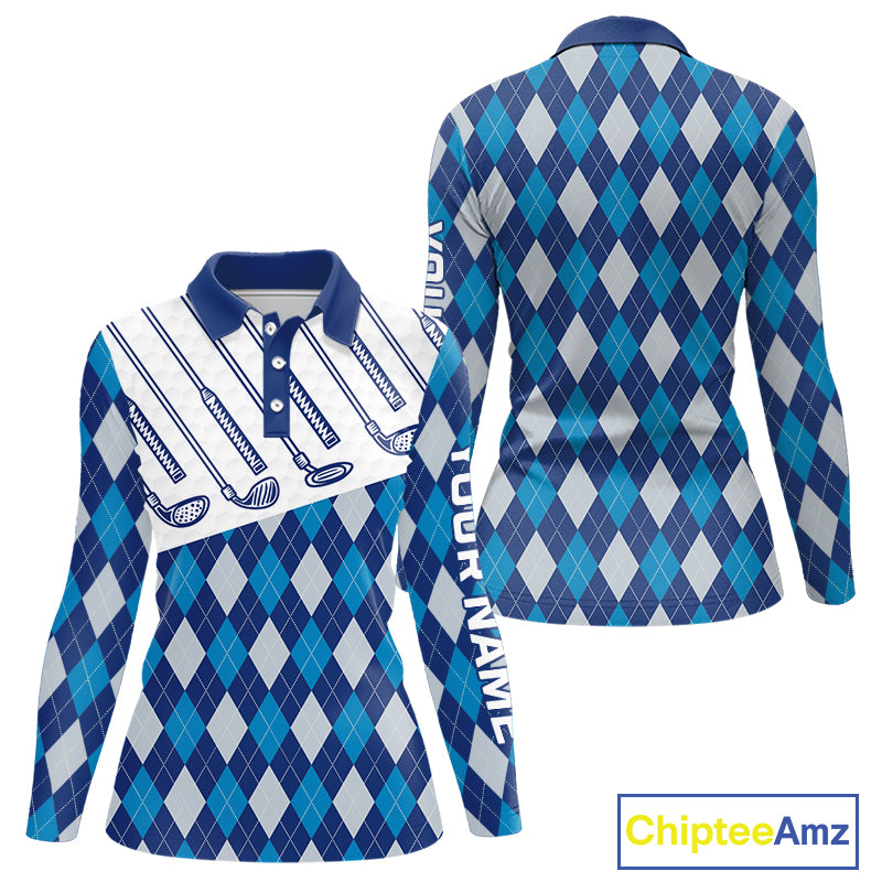 Blue Argyle Golf Polo Shirt For Women Plaid Pattern Custom Name, Golfer Gifts for Ladies NBT488