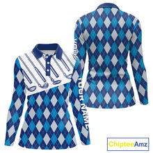 Load image into Gallery viewer, Blue Argyle Golf Polo Shirt For Women Plaid Pattern Custom Name, Golfer Gifts for Ladies NBT488