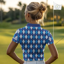 Load image into Gallery viewer, Blue Argyle Golf Polo Shirt For Women Plaid Pattern Custom Name, Golfer Gifts for Ladies NBT488