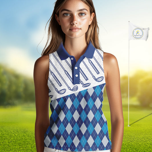 Blue Argyle Sleeveless Golf Polo Shirt For Women Plaid Pattern Custom Name, Golfer Gifts NBT488