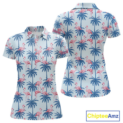 Flamingo Tropical Palm Tree Womens Polo Shirt, Custom Matching Girl Polo Team, Golf Gifts For Ladies NBT494