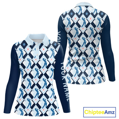 Blue Argyle Golf Polo Shirt For Women, Golf Friends Shirt, Blue Retro Golf Outfits NHT565