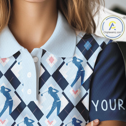 Blue Argyle Golf Polo Shirt For Women, Golf Friends Shirt, Blue Retro Golf Outfits NHT565
