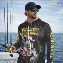 Load image into Gallery viewer, Walleye Custom Made Fishing Shirts, American Flag Walleye Long Sleeve Hooded Fishing Shirts NBT430