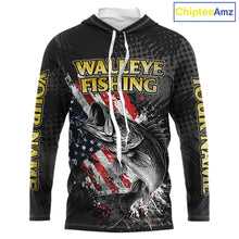 Load image into Gallery viewer, Walleye Custom Made Fishing Shirts, American Flag Walleye Long Sleeve Hooded Fishing Shirts NBT430