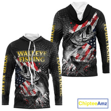 Load image into Gallery viewer, Walleye Custom Made Fishing Shirts, American Flag Walleye Long Sleeve Hooded Fishing Shirts NBT430