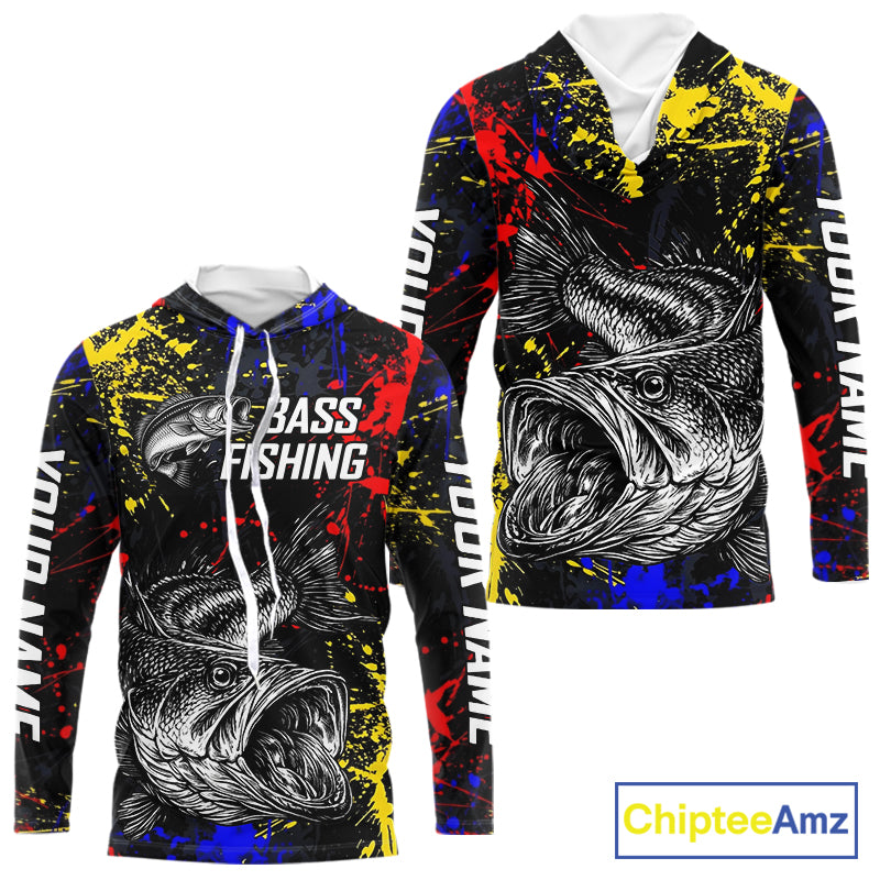 Colorful Paint Tattoo Bass Fishing Shirts Long Sleeve With Hood, Bass Fishing Jerseys NBT431