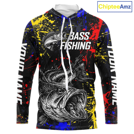 Colorful Paint Tattoo Bass Fishing Shirts Long Sleeve With Hood, Bass Fishing Jerseys NBT431