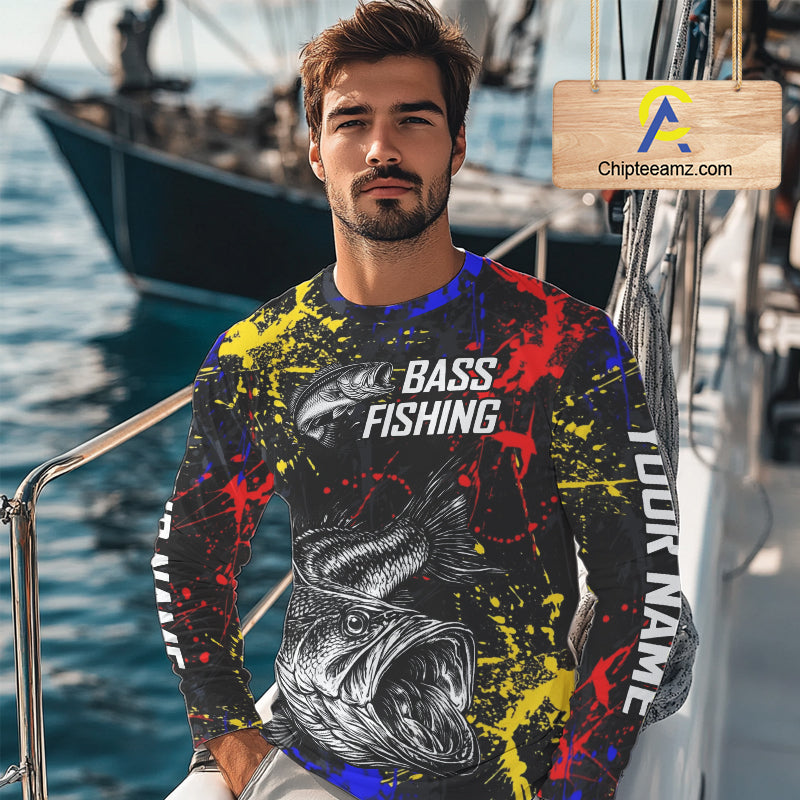 Colorful Paint Tattoo Bass Fishing Shirts Long Sleeve With Hood, Bass Fishing Jerseys NBT431