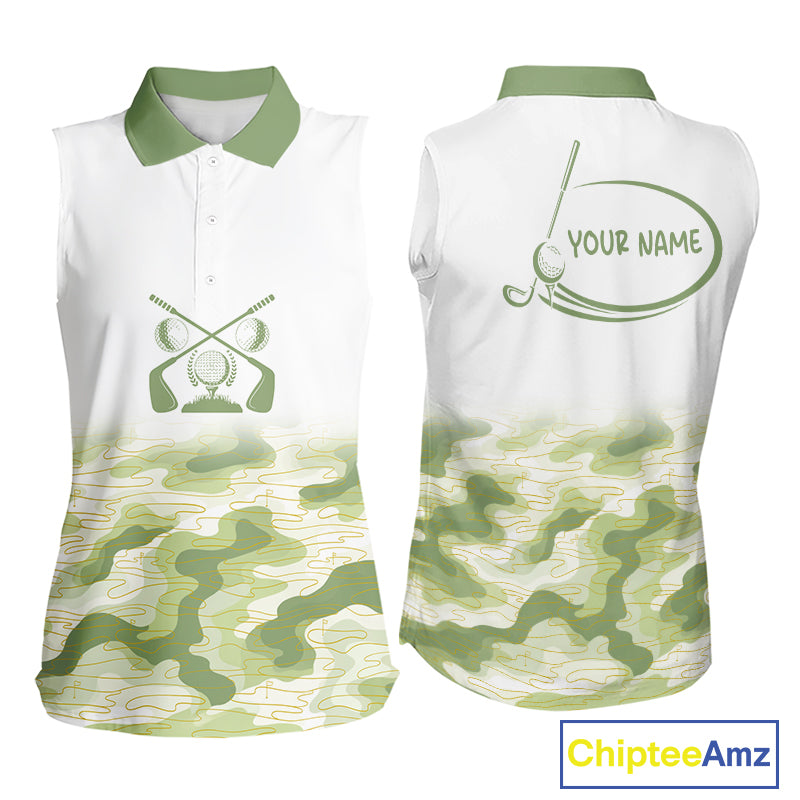 Green And White Camo Womens Sleeveless Golf Polo Shirts Customized Camouflage Golf Shirts For Women, Golfer Gifts NBT510
